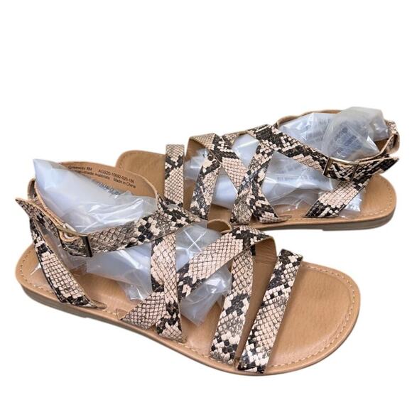 Women Size 8 Tan Black Brown Vacation Boho Snakeskin Greeway Strappy Flat Sandal - Picture 1 of 12